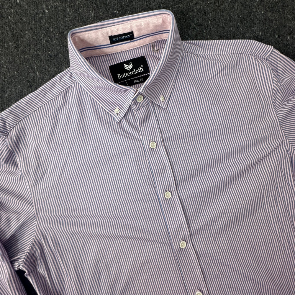 Buttercloth Button Down Shirt Men Large Pink Blue Striped Icy Cotton Slim Fit